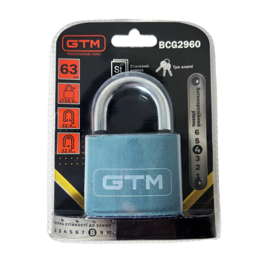 Купити Замок навісний 60мм GTM BCG2960. Офіційний магазин Toolmaster Україна. Фірмовий інструмент та обладнання, офіційна гарантія