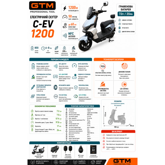 Купити Скутер аккумуляторный C-EV 1200, 72В, 1200Вт, Скорость - 50км/ч GTM. Официальный магазин Toolmaster Украина. Фирменный инструмент и оборудование, официальная гарантия