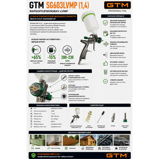Купити Фарборозпилювач SG603LVMP 1,4мм-сопло, в/б-0,6л пласт., 2,4-2,6 бар, 200-230л/хв GTM SG603LVMP (1,4). Офіційний магазин Toolmaster Україна. Фірмовий інструмент та обладнання, офіційна гарантія
